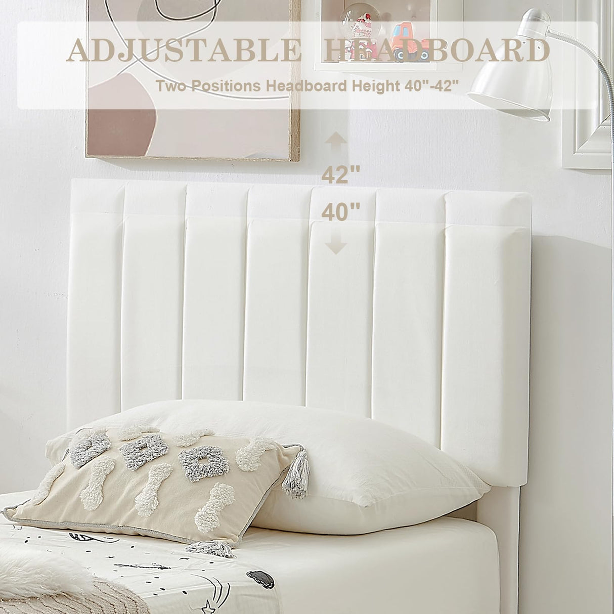 Flolinda Twin Bed Frame with Velvet Headboard, Wooden Slat Support Extend Mattress Life, Modern Upholstered Platform Bed Frame No Box Spring Needed, Easy Assembly, Cream White Flolinda