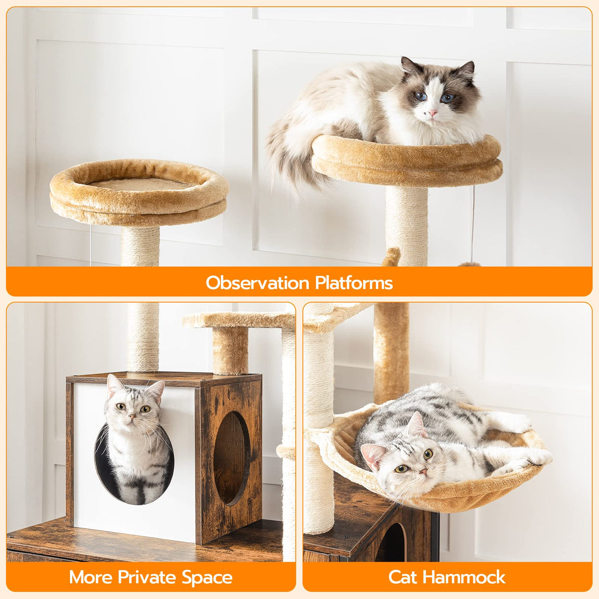 HOOBRO Cat Tree with Litter Box Enclosure, Scratching Posts, Litter Box Enclosure Furniture for Indoor Cats, All-in-One Wooden Cat Tower Condo House with Cat Hammock, Rustic Brown BF14MZ03 HOOBRO