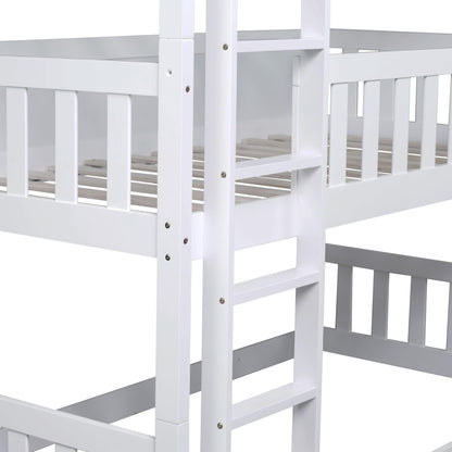 VilroCaz Modern Twin Over Twin Over Twin Triple Bunk Bed, Rubber Wood Detachable Triple Twin Bunk Bed Frame, 3-in-1 Bunk Beds with Ladder and Guardrails for Kids Teens, Maximize Space (White-ON)