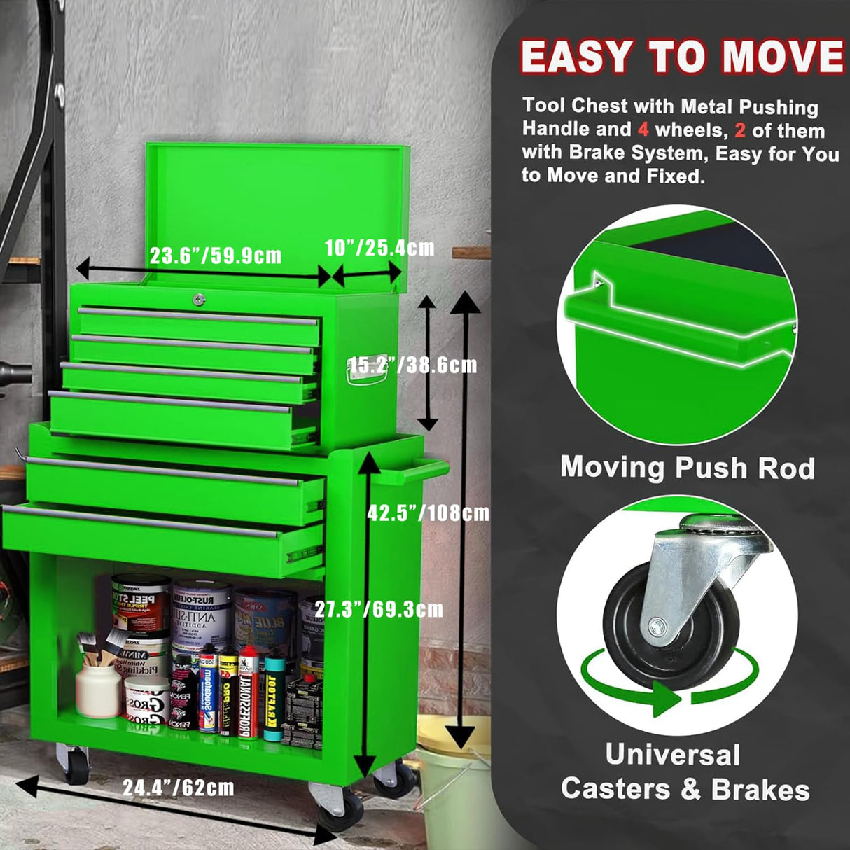 Dawmilon Tool Chest, 8-Drawer Rolling Tool Storage Cabinet with Wheels, Detachable Top Tool Box, and Locking Mechanism, Metal Tool Cart with Liner and 6 Hooks for Garage, Workshop, Green Dawmilon