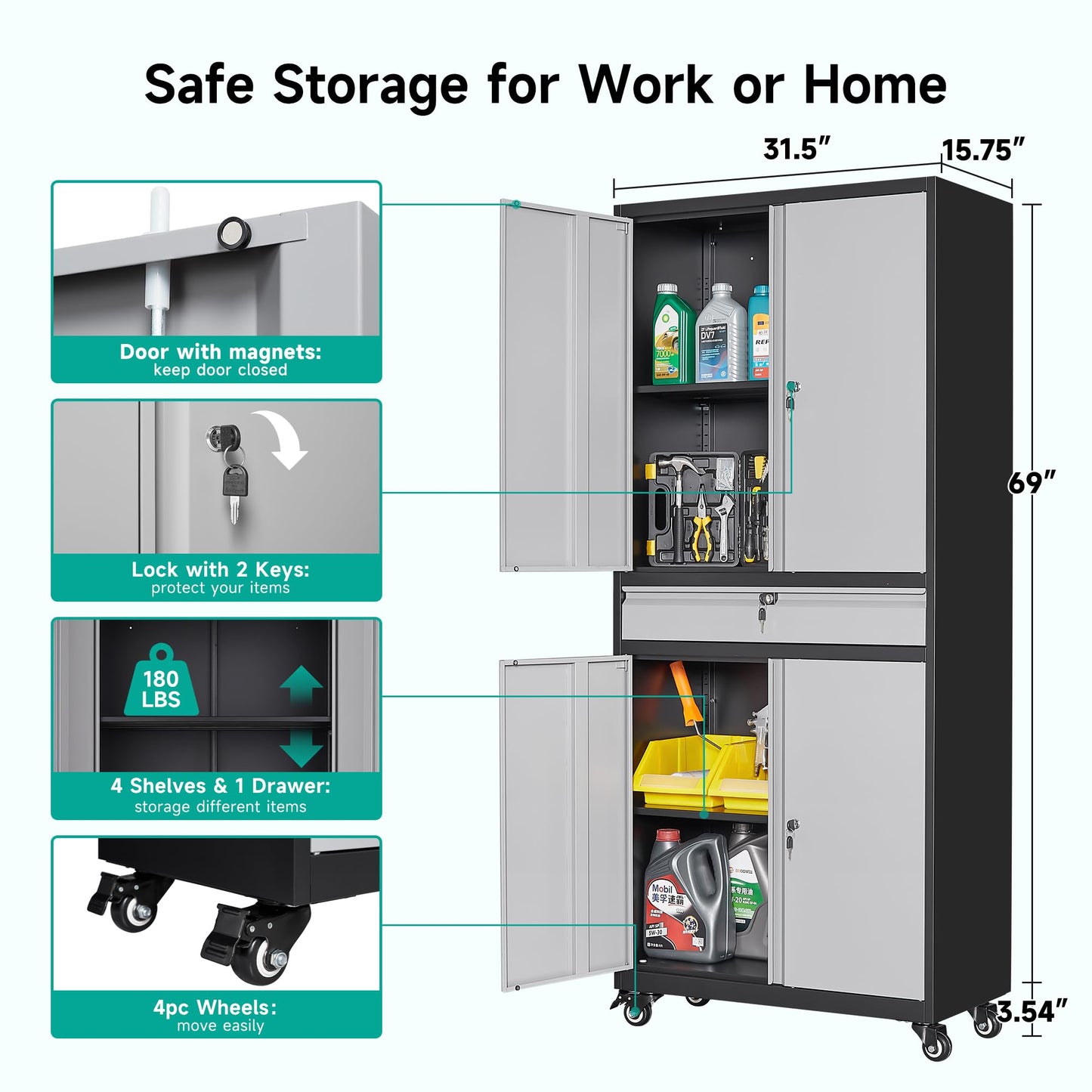 Metal Garage Storage Cabinet with 4 Wheels and 1 Drawer,Gray Rolling Garage Cabinet with Locking Doors and Adjustable Shelves,73" Mobile Tall Large Metal Storage Cabinet for Home,Office,Garag - WoodArtSupply