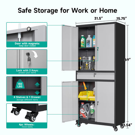 Metal Garage Storage Cabinet with 4 Wheels and 1 Drawer,Gray Rolling Garage Cabinet with Locking Doors and Adjustable Shelves,73" Mobile Tall Large Metal Storage Cabinet for Home,Office,Garage,Shop SISESOL