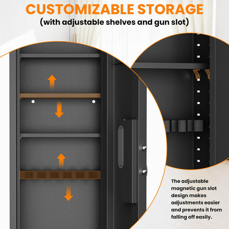 Omethey 53.15" Wall Safe Between the Studs, Biometric Fingerprint Hidden Safe with Dual Alarm System and Silent Mode, Wall Gun Safe with 3 Adjustable Shelves and Magnetic Slot (Black-Fingerprint) Omethey