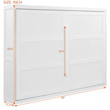 Horizontal Murphy Wall Bed Queen Size with Storage Top Shelf, Modern Adults White Queen Murphy Bed Cabinet with LED Lights for Living Room, No Box Spring Neded, White Merax