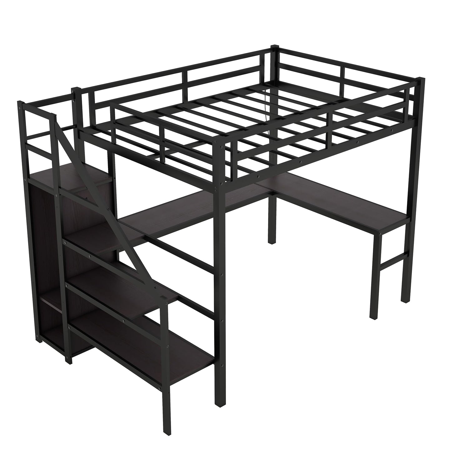 Full-Size Metal Loft Bed with Integrated Desk, Wardrobe, and LED Lighting - WoodArtSupply