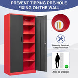 LISSIMO Metal Storage Cabinet with Lock,71 Inch Garage Cabinet with 2 Doors and 5 Adjustable Shelves,Steel Storage Cabinets for Garage,Home Office,Pantry,School(Red & Black) LISSIMO