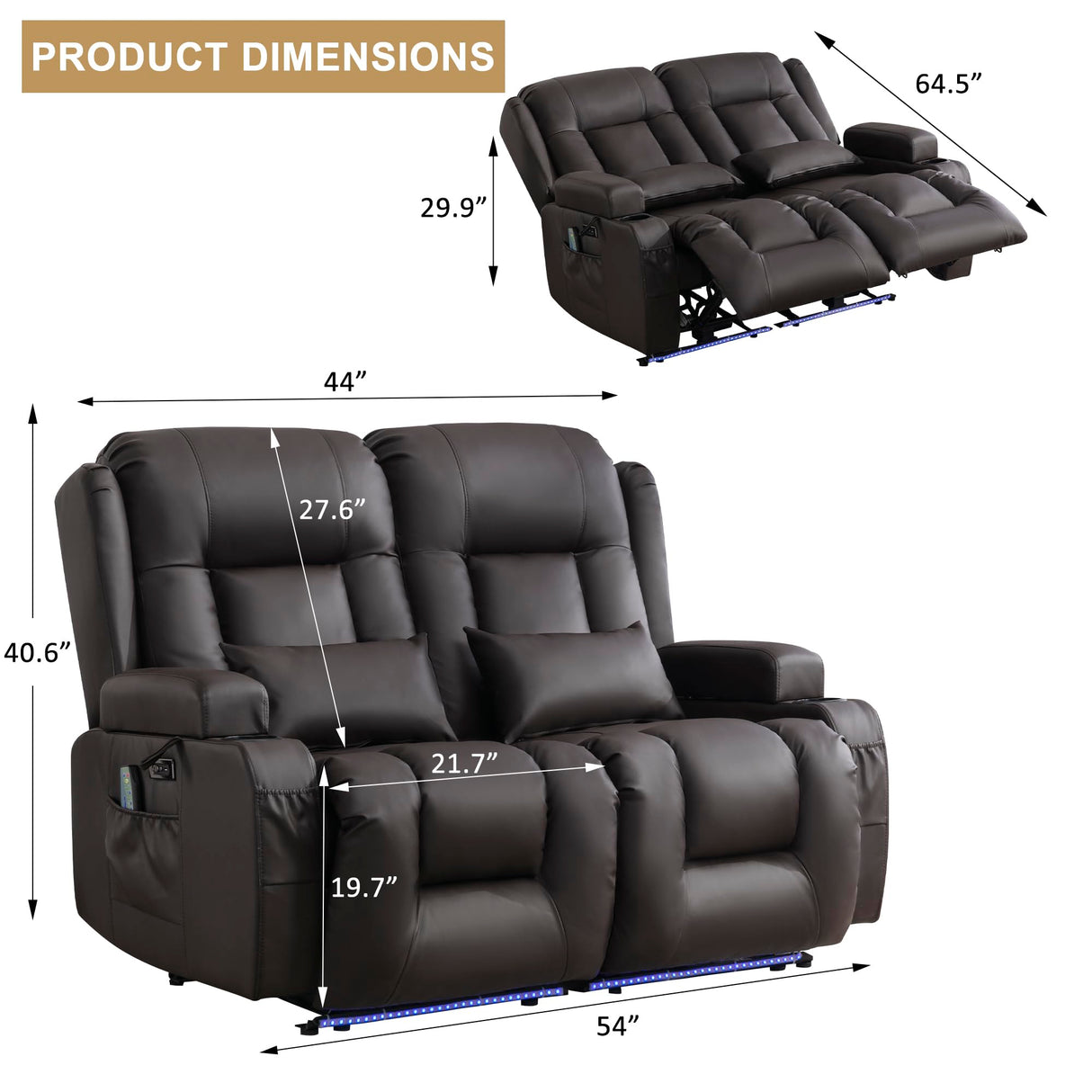 URRED Loveseat Recliner Sofa with Massage and Heat, Power Reclining Loveseat Sofa RV Couch Home Theater Seating with LED Lights, Cup Holders, Side Pockets, USB, Pillows, Faux Leather, Dark Brown URRED