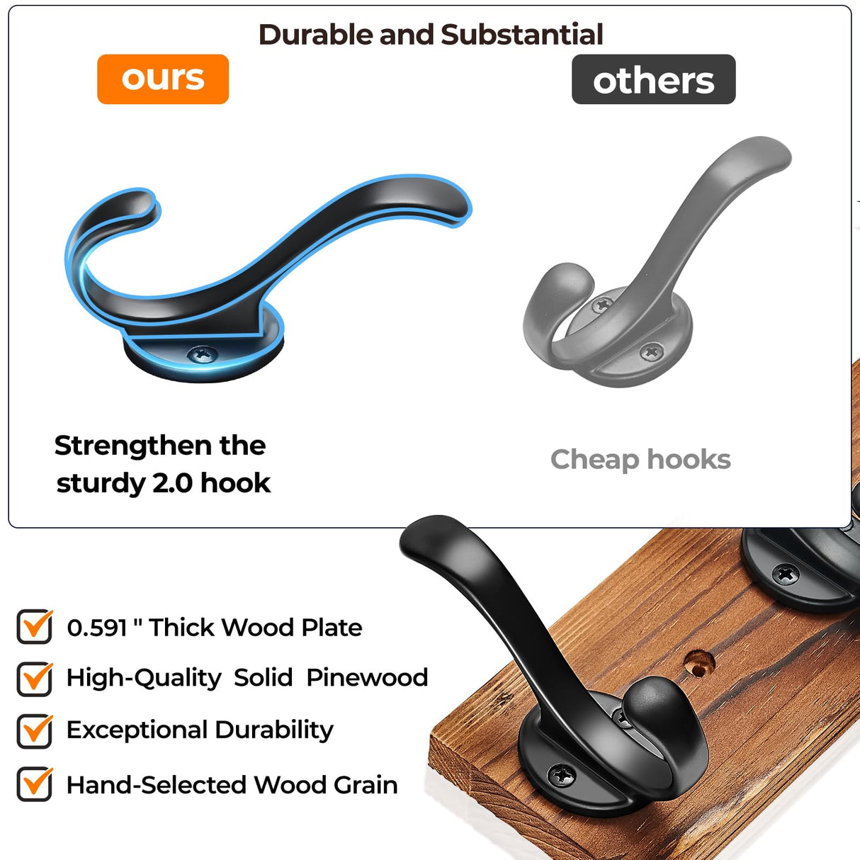 Hmsrjh Coat Rack Wall Mounted, Pre-Assembled 16" Wooden Hat Rack with 5 Hooks, Heavy Duty Rustic Farmhouse Wood Plank for Entryway, Bathroom - for Hanging Coats, Jackets, Hats, Bags, Backpacks Hmsrjh