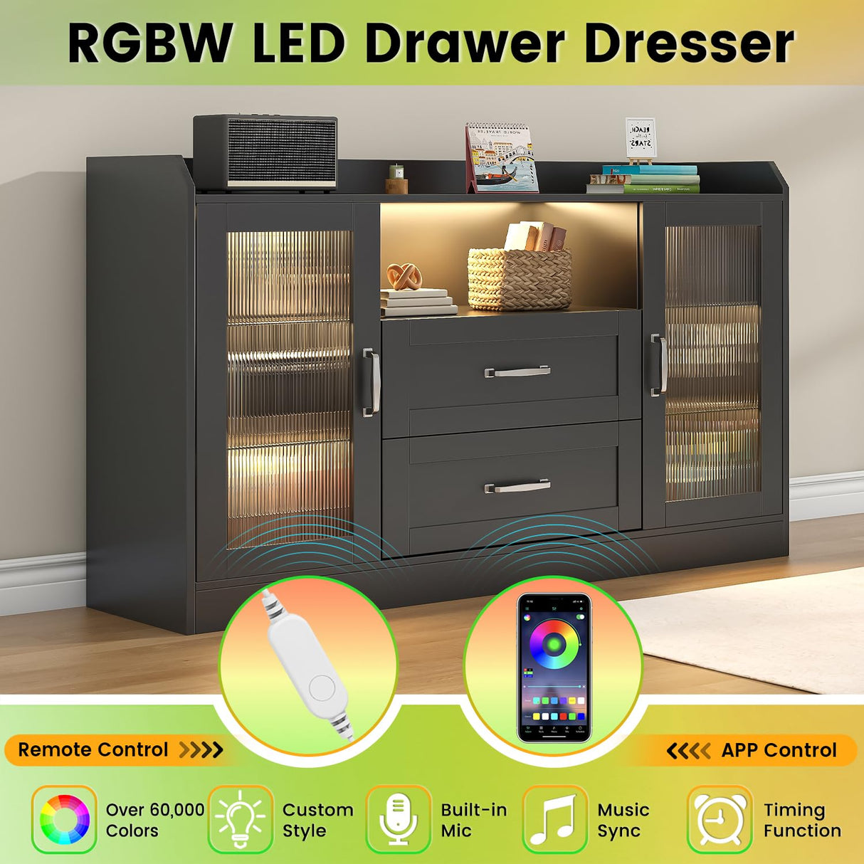 Melodyblue Buffet Cabinet, 48" Farmhouse Sideboard Buffet Storage Cabinet with Led Lights, Versatile Glass Doors, Sturdy MDF Construction, Coffee Bar Cabinet for Dining Room (Black) Melodyblue