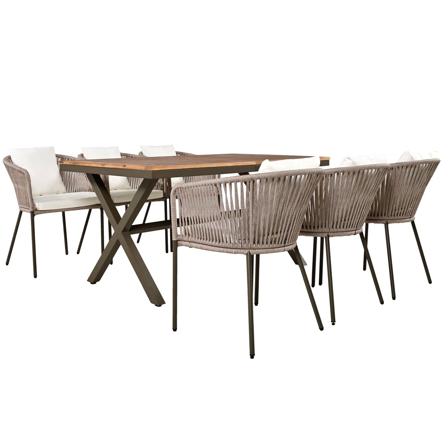 Modern 7 Pieces Patio Dining Set,Dining Table and Chairs, Acacia Wood Tabletop, Metal Frame,Outdoor Furniture Set for Garden, Backyard, Balcony (Beige/Rope1)