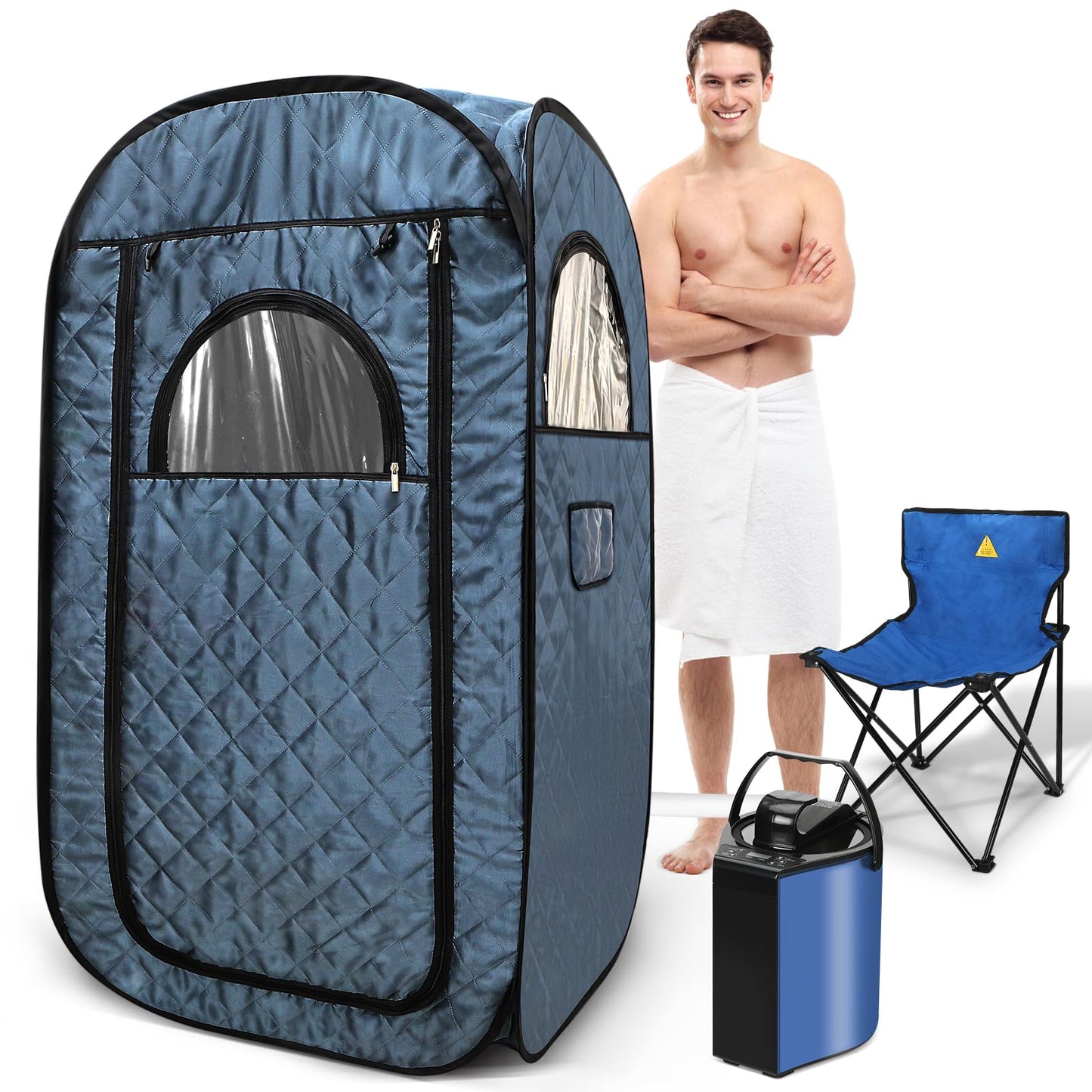 Portable Steam Sauna, Steam Saunas for Home, Personal Sauna for Home, Pop up Sauna Box Tent with 3 L Steamer, 9 Levels, UV Atomization,90 MinTimer, Remote Control, Folding Chair-Blue