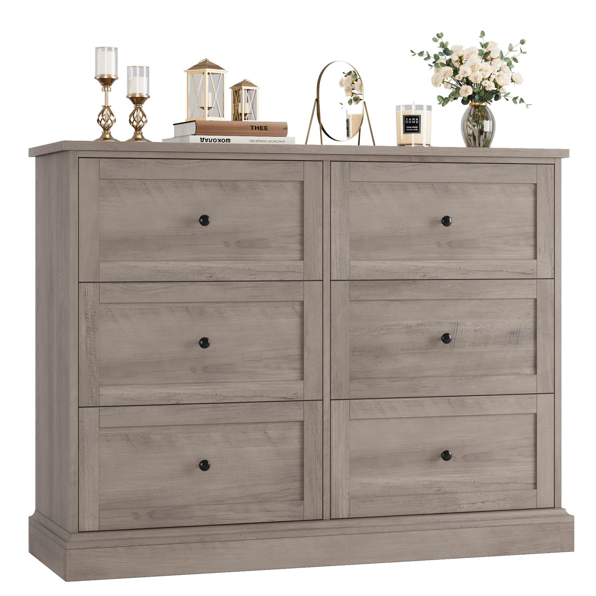 FOTOSOK 6 Drawer Dresser, Modern Dresser Double Dresser 6 Drawer Chest with Deep Drawers, Wide Storage Organizer Drawer Cabinet for Living Room Home, Ash Grey FOTOSOK