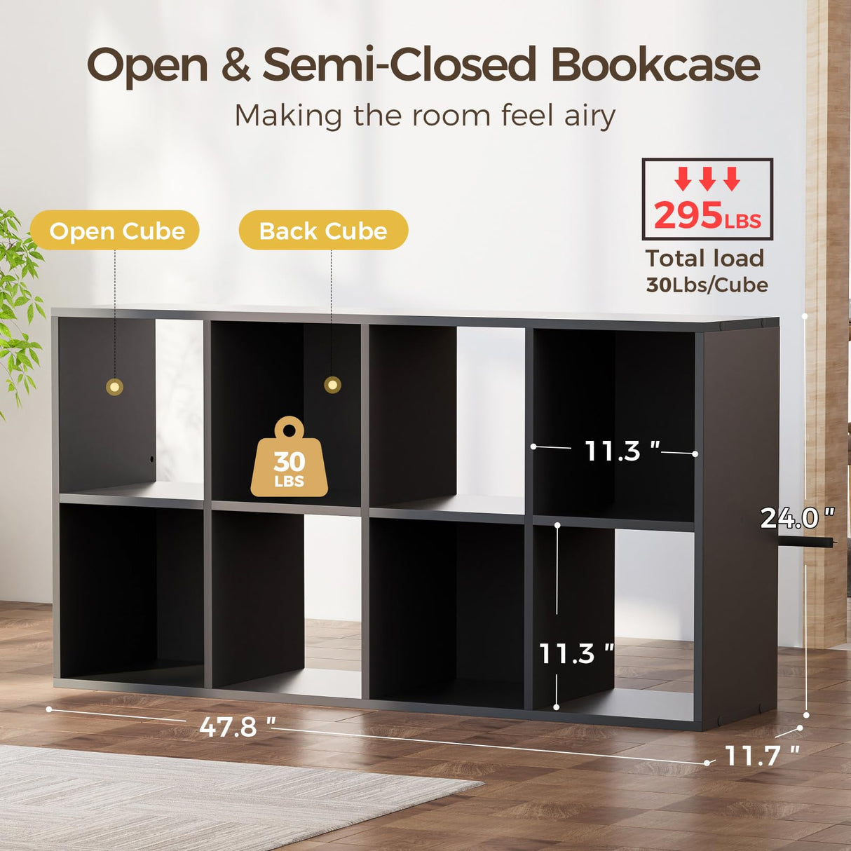 COMHOMA 8 Wood Cube Storage Organizer with Open Back and Removable Back Panels, 11In Black Cube Storage Bookshelf, Cubicle Shelf Bookcase for Home Office Bedroom Living Room, Vertical or Horizontal COMHOMA