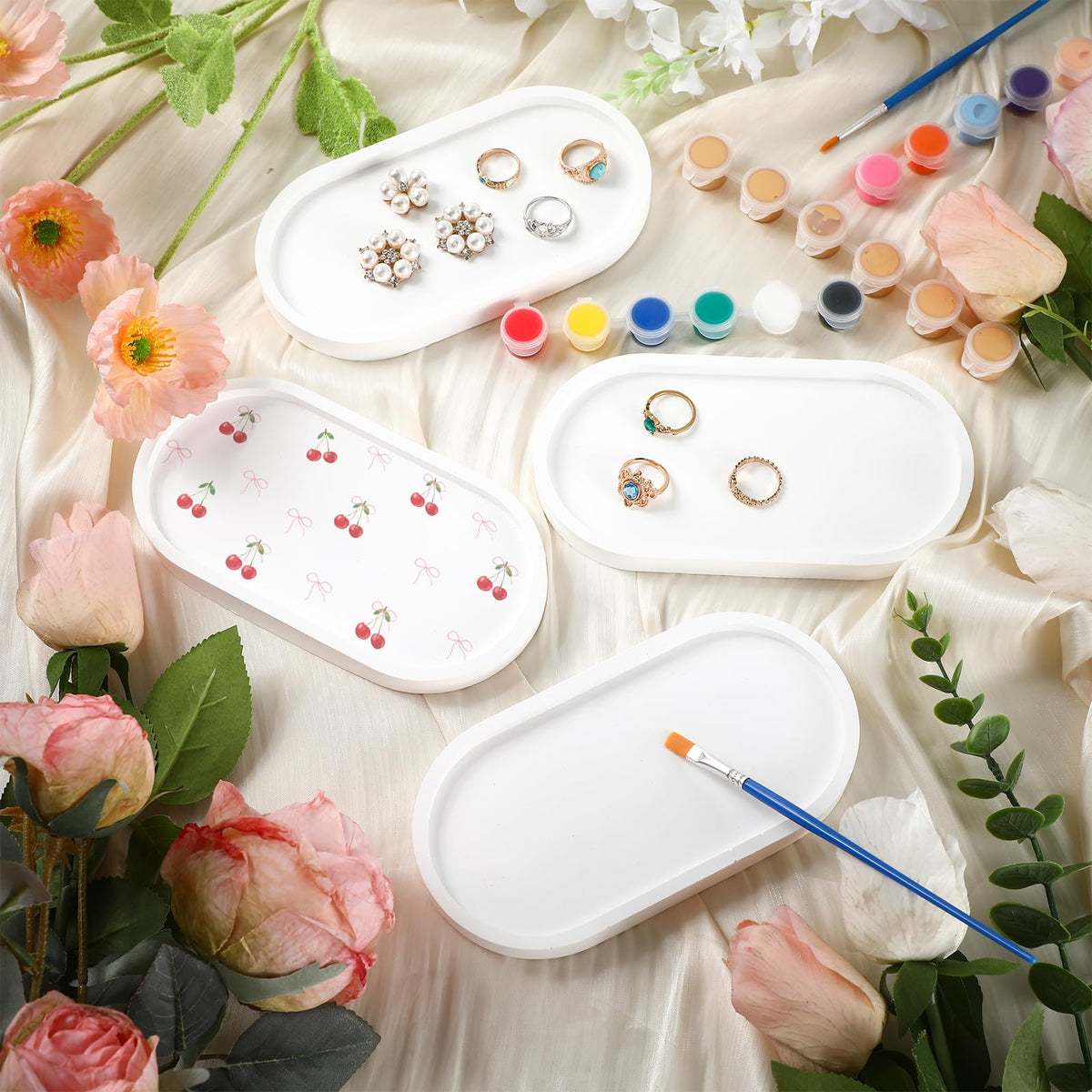 MotiMind 4 Set Jewelry Tray Ceramics to Paint Ready to Paint Your Own Ceramic Ring Dish Holder DIY Unpainted Plaster Trinket Dish Paintable Tray Crafts with Brush Palette for Adults(Oval Shape) MotiMind