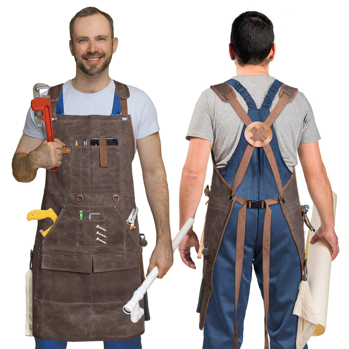 Lumil Waxed Canvas Woodworking Apron, Woodworking Apron for Men, 22oz with 9 Pockets & Cross Back Straps, Work Carpenter Shop Aprons for Men and Women, BBQ, Cooking, and Workshop, Mechanic (Brown) Lumil
