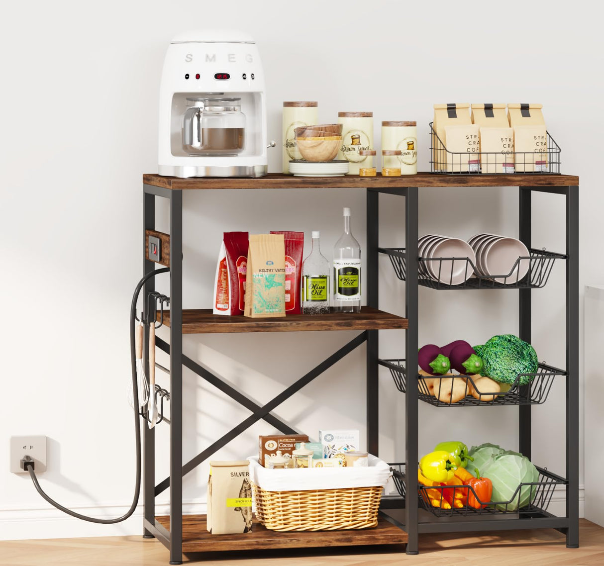 Homeiju Kitchen Island, Baker's Rack with Power Outlet, Microwave Stand, Coffee Bar with 3 Removable Wire Baskets, Kitchen Storage Rack with 6 S-Hooks for Spices, Pots and Pans - Rustic Brown Homeiju