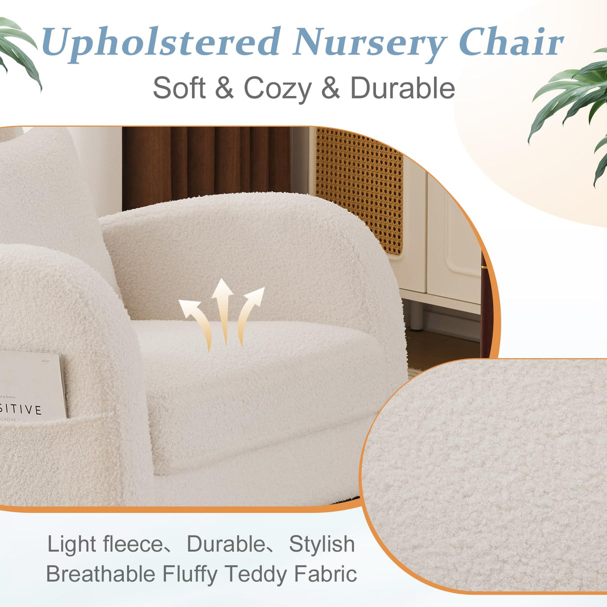 VINGLI Teddy Fleece Low Seat Rocking Chair,Boucle Upholstered Nursery Glider Chair with Side Pockets,Accent Arm Chair with High Backrest,Comfy Head Rest,Solid Wood,for Living Room, Bedroom,Beige VINGLI