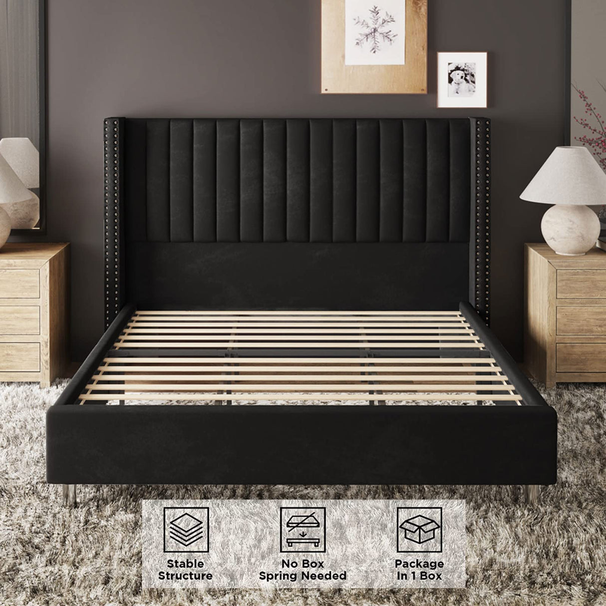 Jocisland King Size Bed Frame Upholstered Platform Bed with Tall Headboard Wingback, Velvet Vertical Channel Tufted, No Box Spring Needed, Easy Assembly, Black Jocisland
