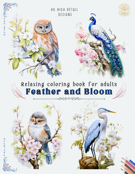 Relaxing Coloring Book for Adults Feather and Bloom: 40 Beautiful High Detail Images for Coloring of Birds and Flowers | Variety of Species | Nature ... for Adults, Teens and Seniors | Grayscale Majosta