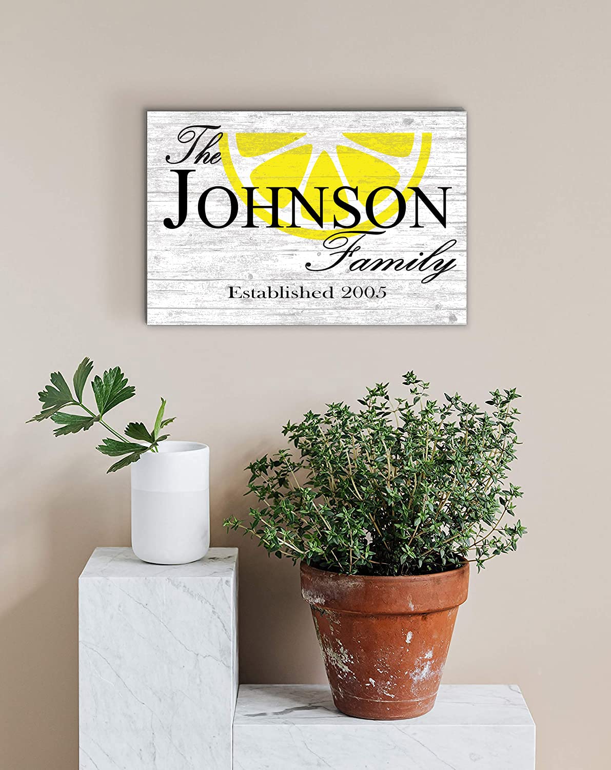 Family Name Sign with Established Date PERSONALIZED Wedding Gift For Couple Custom Wall Decor EST. Date - SOLID WOOD - 16.5" X10.5" (LEMON) - WoodArtSupply