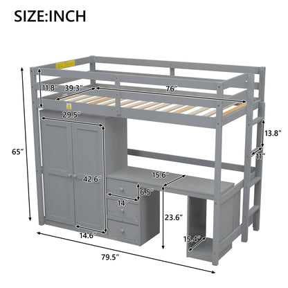 Wood Twin Loft Bed with Desk, Wardrobe, and Storage Drawers in Gray - WoodArtSupply