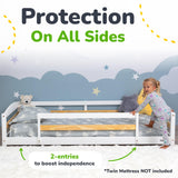 Twin Floor Bed with Safety Guardrails for Kids, Montessori Inspired with Rails and 2 Openings, Twin Size Bed Frame for Girls and Boys - White Ocodile