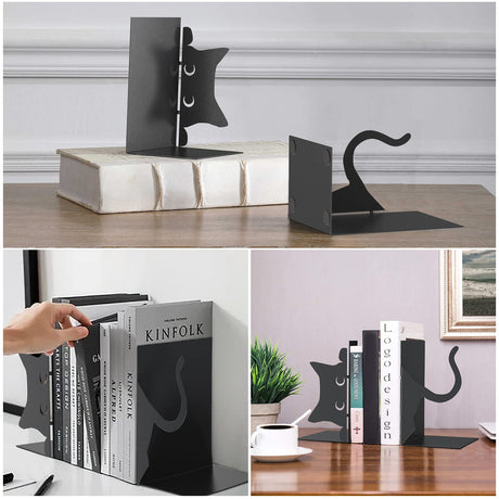 ENCIMART Book Ends Cat Decor Unique Bookshelf, Cute Metal Bookends for Shelves, Black Bookends to Hold Books for Bedroom Library Office School Book Desktop Organizer Cat Lover Gifts ENCIMART