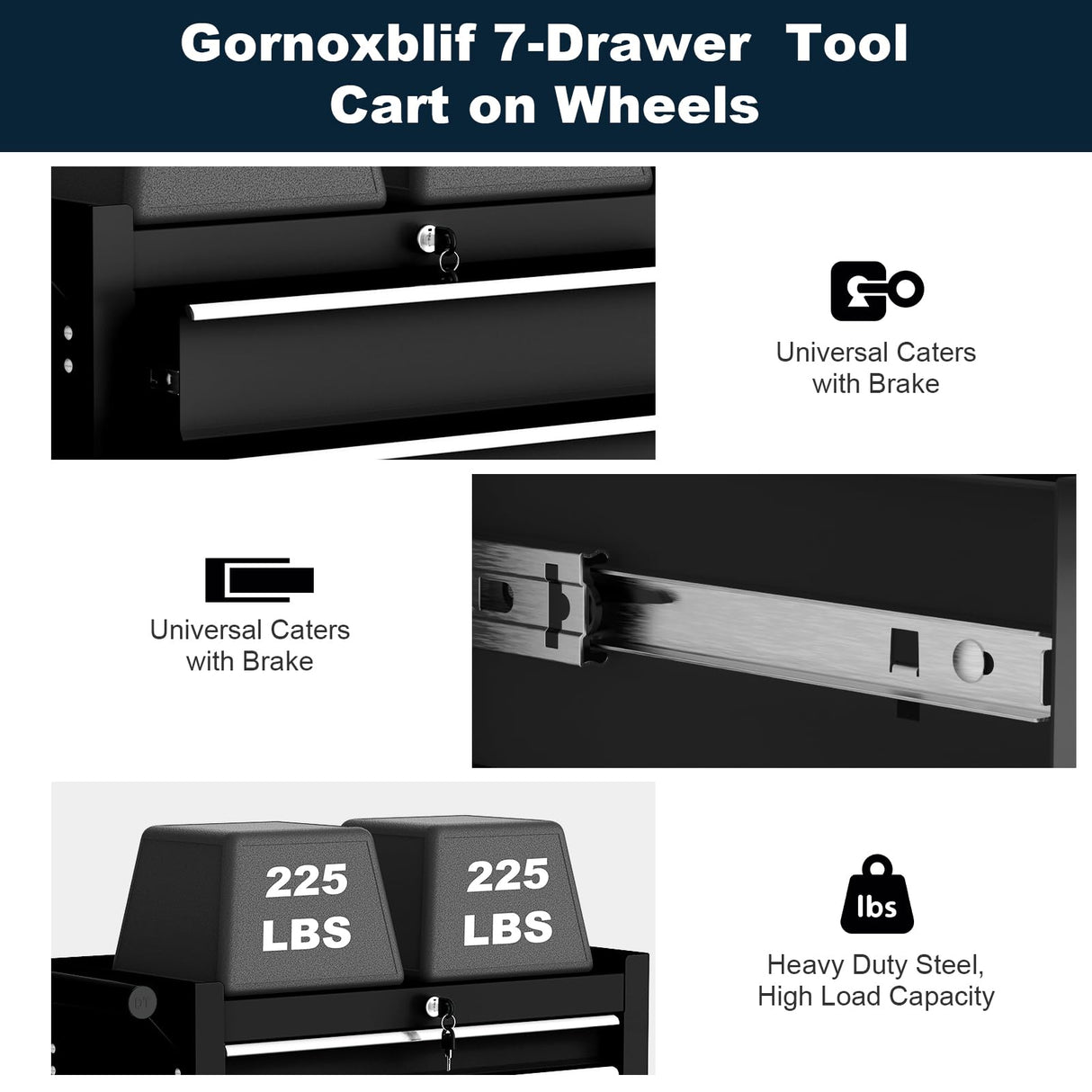Gornoxblif 5-Drawers Black Metal Rolling Tool Chest with Wheels,Tool Storage Cabinet with Locking System，Toolbox with Wheels for Garage, Warehouse, Workshop, Repair Shop Gornoxblif