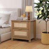 AILEEKISS Night Stand Set of 2 Rattan Nightstands with Wireless Charging Station, Wood Accent Bed Side End Tables with 2 Rattan Drawers, Modern Bedside Stand for Bedroom, Living Room (Natural Oak) AILEEKISS