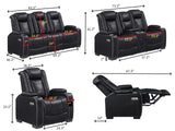 THSUPER Black Leather Power Recliner Sofa Loveseat Sets with Arm Storage and Power Headrest, Leather Living Room Reclining Sofa and Loveseat Set with Cup Holders and Bluetooth Speaker. THSUPER