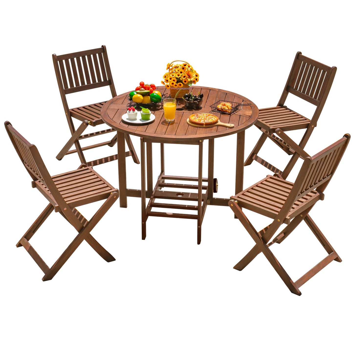 Devoko 5 PCS Patio Furniture, Patio Dining Set Acacia Wood Outdoor Table and Chairs, with 4 Folding Chairs and 37" Round Movable Table, Outdoor Dining Set for Lawn, Balcony, Garden