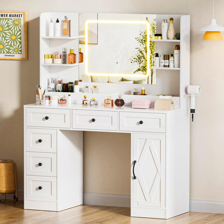 COMHOMA Makeup Vanity Desk with Mirror and Lights, Large Vanity Table with 6 Drawers & 1 Storage Cabinet, White Bedroom Dresser Table for Girls, 3 Color Modes Adjustable Mirror, White COMHOMA