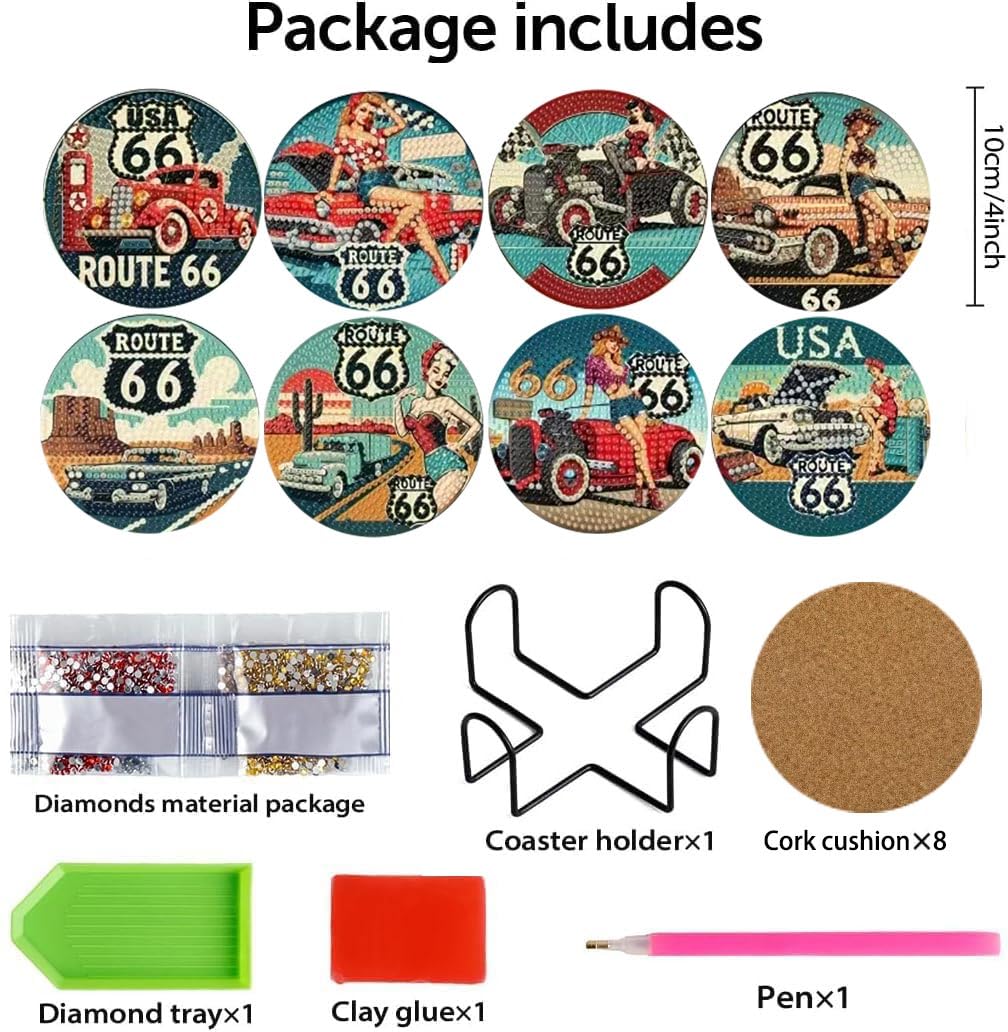 Mrnsiet 8 Pcs Car Diamond Art Coasters Kits for Adults, Highway Landscape Diamond Painting Coaster with Holder, Non Slip Hardwood Bases Coaster Set Gift for Beginners 4x4 Inch Mrnsiet