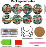 Mrnsiet 8 Pcs Car Diamond Art Coasters Kits for Adults, Highway Landscape Diamond Painting Coaster with Holder, Non Slip Hardwood Bases Coaster Set Gift for Beginners 4x4 Inch Mrnsiet