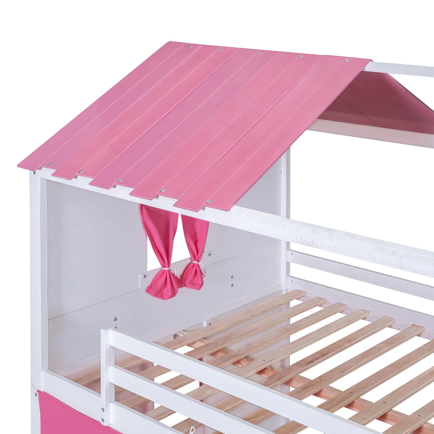 SOFTSEA Twin Over Twin House Bunk Bed for Kids, Floor Bunk Bed with Tent and Windows Sills, Wood Bunk Bed Frame with Slide Ladder and Guardrails, Twin Size House Shaped Bunk Bed for Girls Boys, Pink