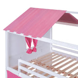 SOFTSEA Twin Over Twin House Bunk Bed for Kids, Floor Bunk Bed with Tent and Windows Sills, Wood Bunk Bed Frame with Slide Ladder and Guardrails, Twin Size House Shaped Bunk Bed for Girls Boys, Pink SOFTSEA