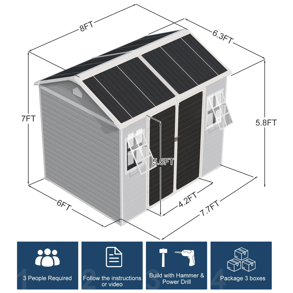 8x6 FT Resin Storage Sheds with Floor and Adjustable Openable Windows, Large Waterproof Garden Sheds with Base, Outside Plastic Sheds with 2 Windows for Backyard Garden Patio Lawn Tools Storage, Gray WELYAS
