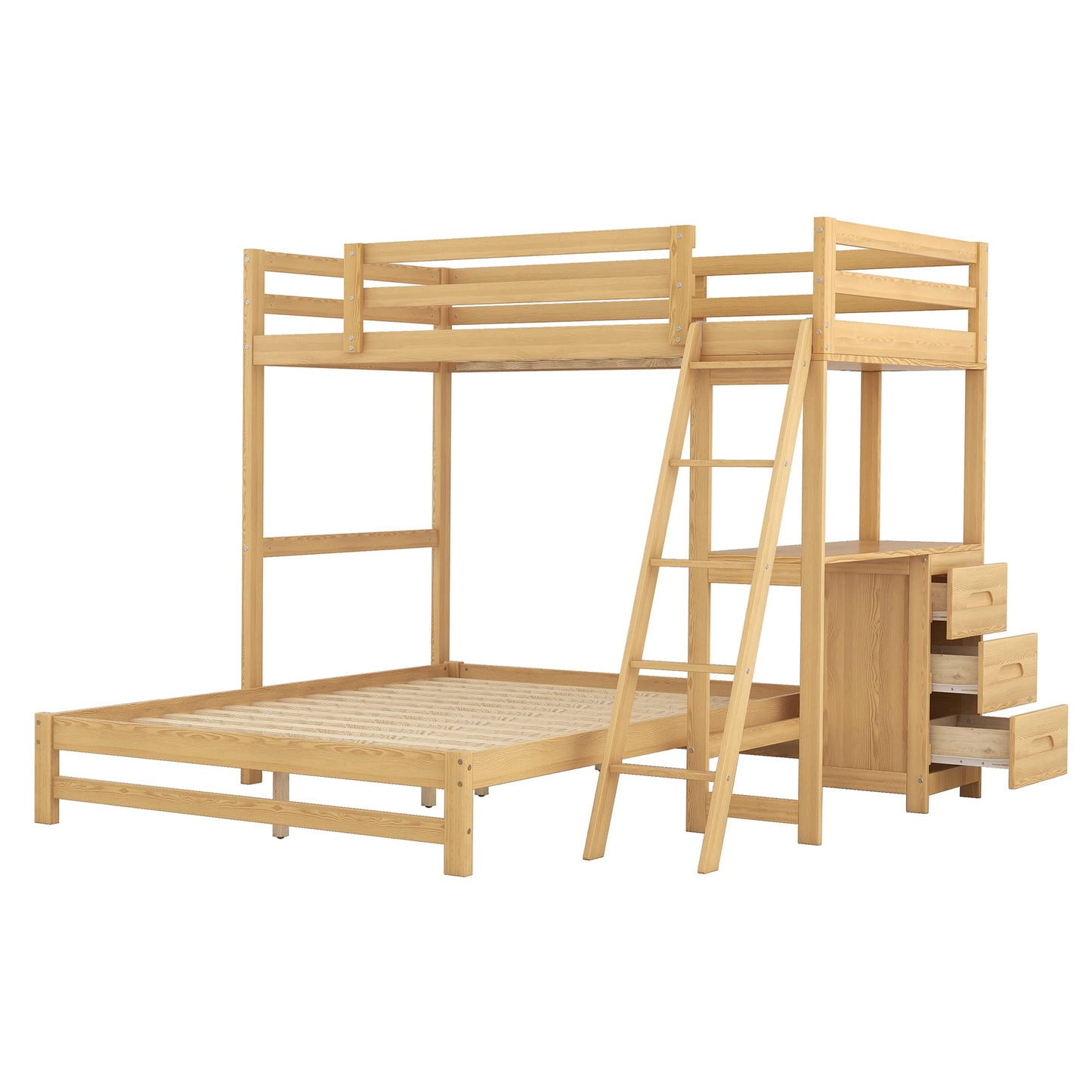 VilroCaz Twin Over Full Bunk Bed with Built-in Desk and Nightstand in Natural Finish - WoodArtSupply