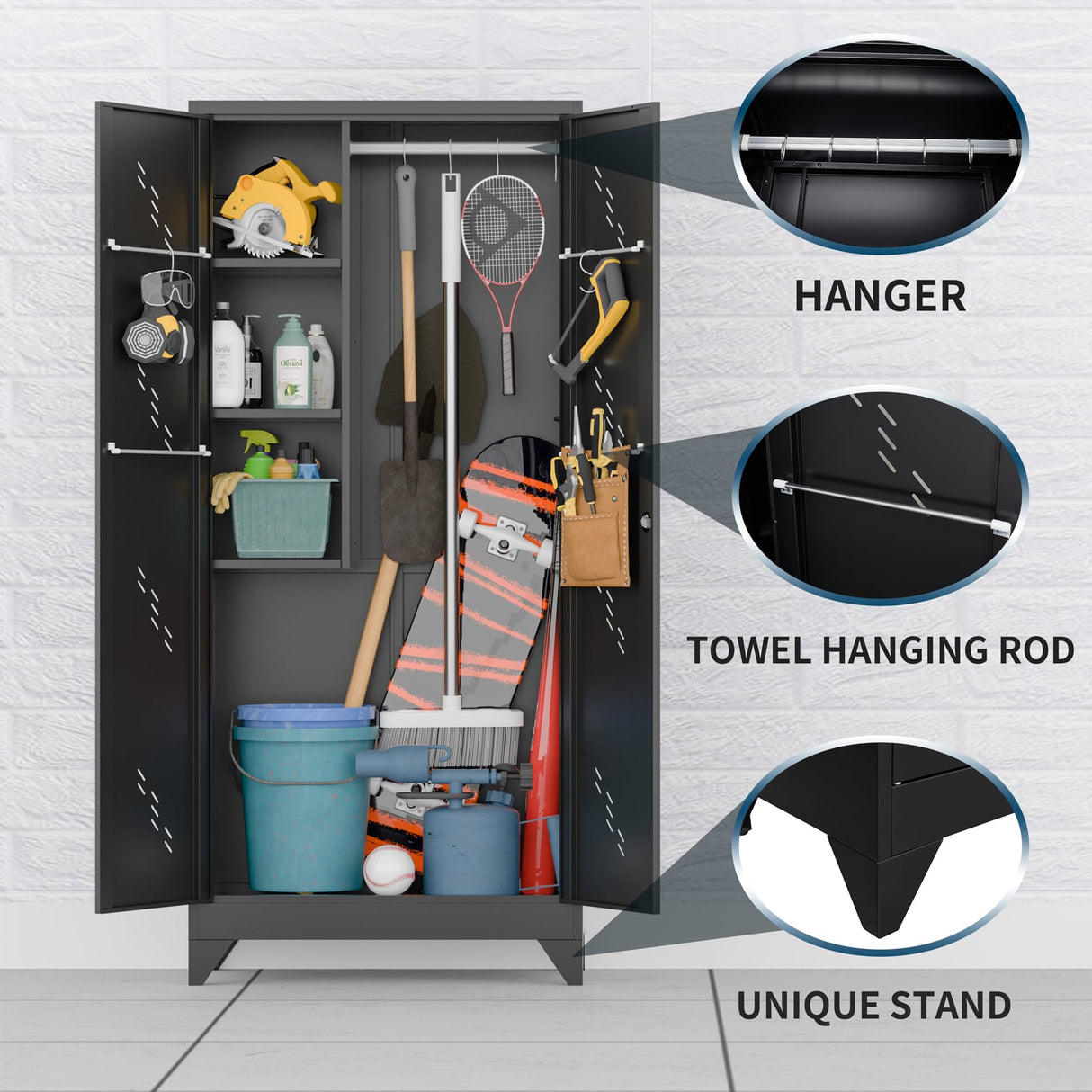 75" Taller Metal Garage Storage Cabinet,Tool Chest, Large Offiice Storage Cabinet wiith Lock Doors, Stainless Steel Bottom Plate with Holes,Utility Room Organization(H75* D16.53*L33.85)(BLACK) ZONLESON