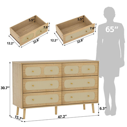 SINROM 6 Drawer Double Dresser for Bedroom, Rattan Dresser with Gold Handles, Boho Chest of Drawers with Deep Drawers for Living Room - WoodArtSupply