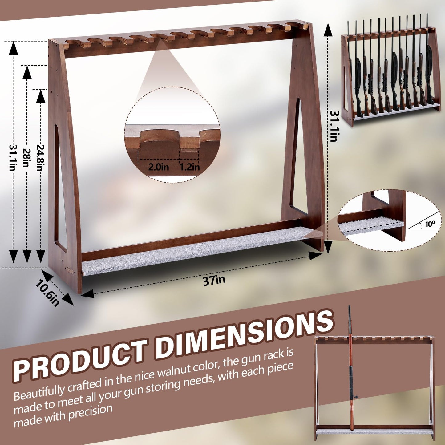 Yousoontic Indoor Gun Racks Freestanding Rifle Racks Gun Display Stand with Soft Padding Safe Heavy Duty Gun Storage for Cabinet Holder Accessories (Walnut,46.9 x 31.1 x 10.6 Inches) - WoodArtSupply