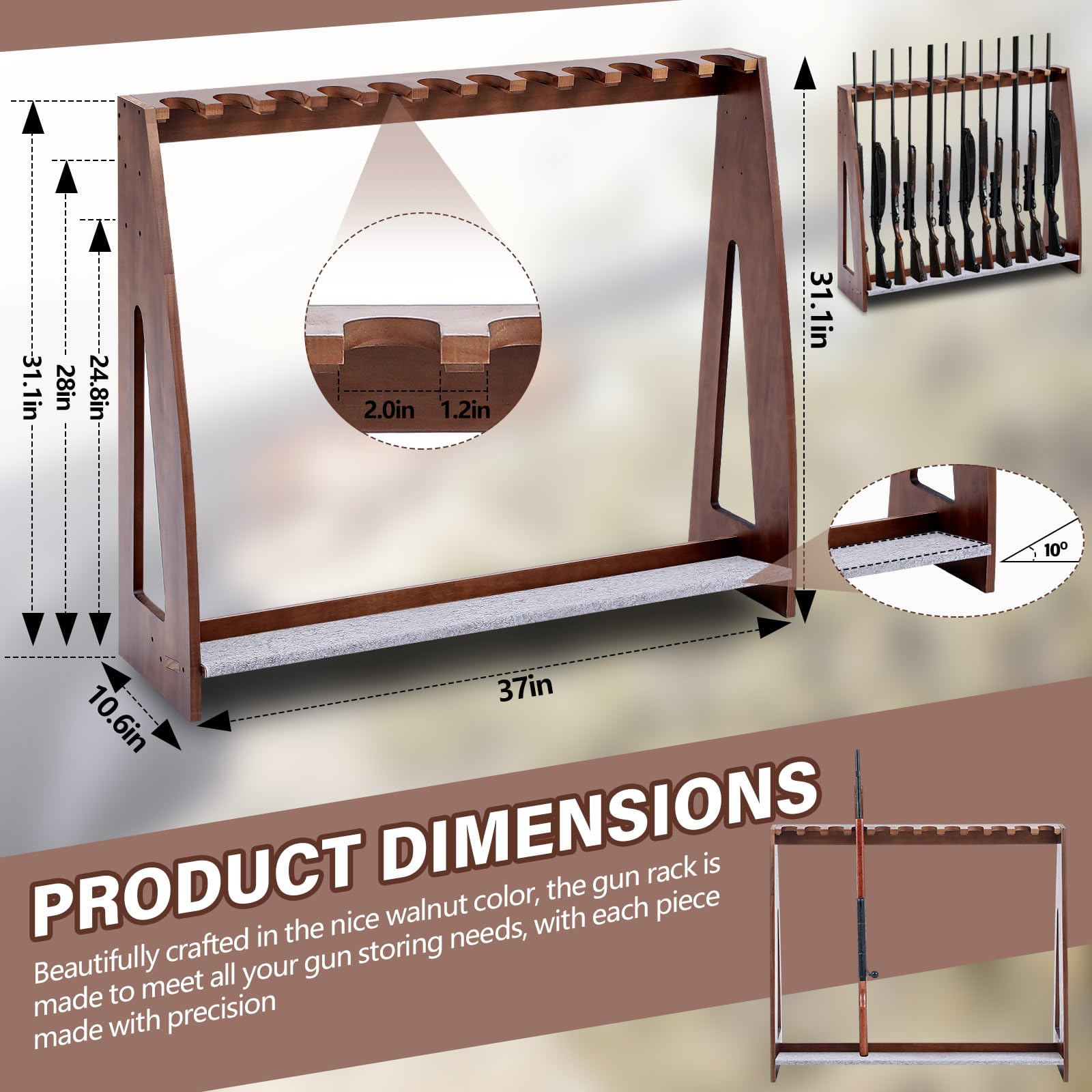 Yousoontic Indoor Gun Racks Freestanding Rifle Racks Gun Display Stand with Soft Padding Safe Heavy Duty Gun Storage for Cabinet Holder Accessories (Walnut,46.9 x 31.1 x 10.6 Inches) - WoodArtSupply