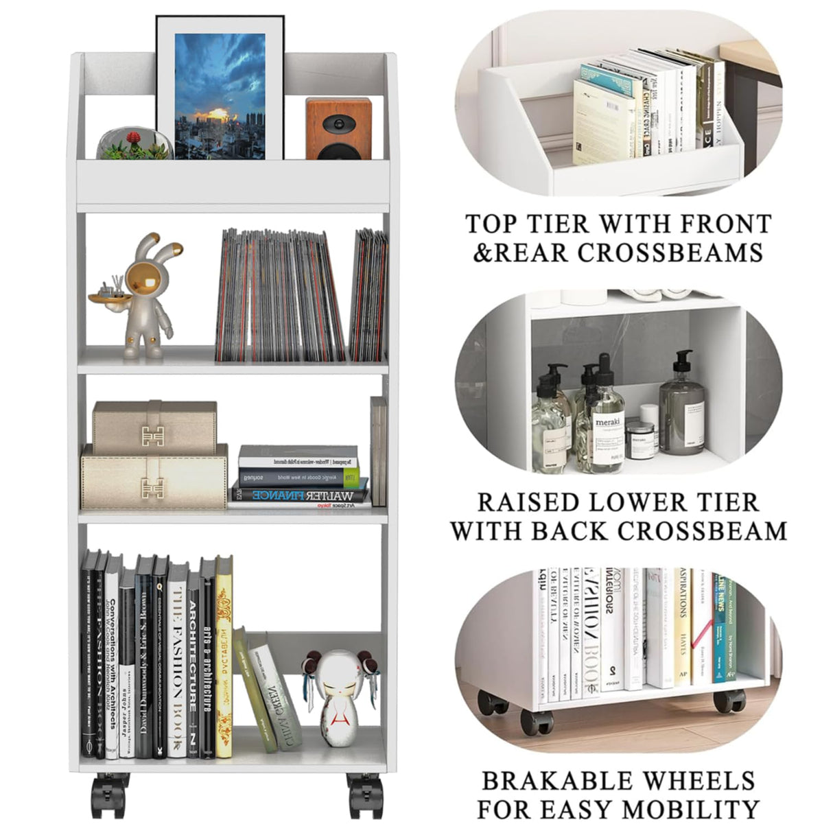 HAYOFAMY 4-Tier Mobile Bookshelf, White Bookcase with Wheels, Rolling File Holder Desk File Book Organizer for Home Office Living Room School HAYOFAMY