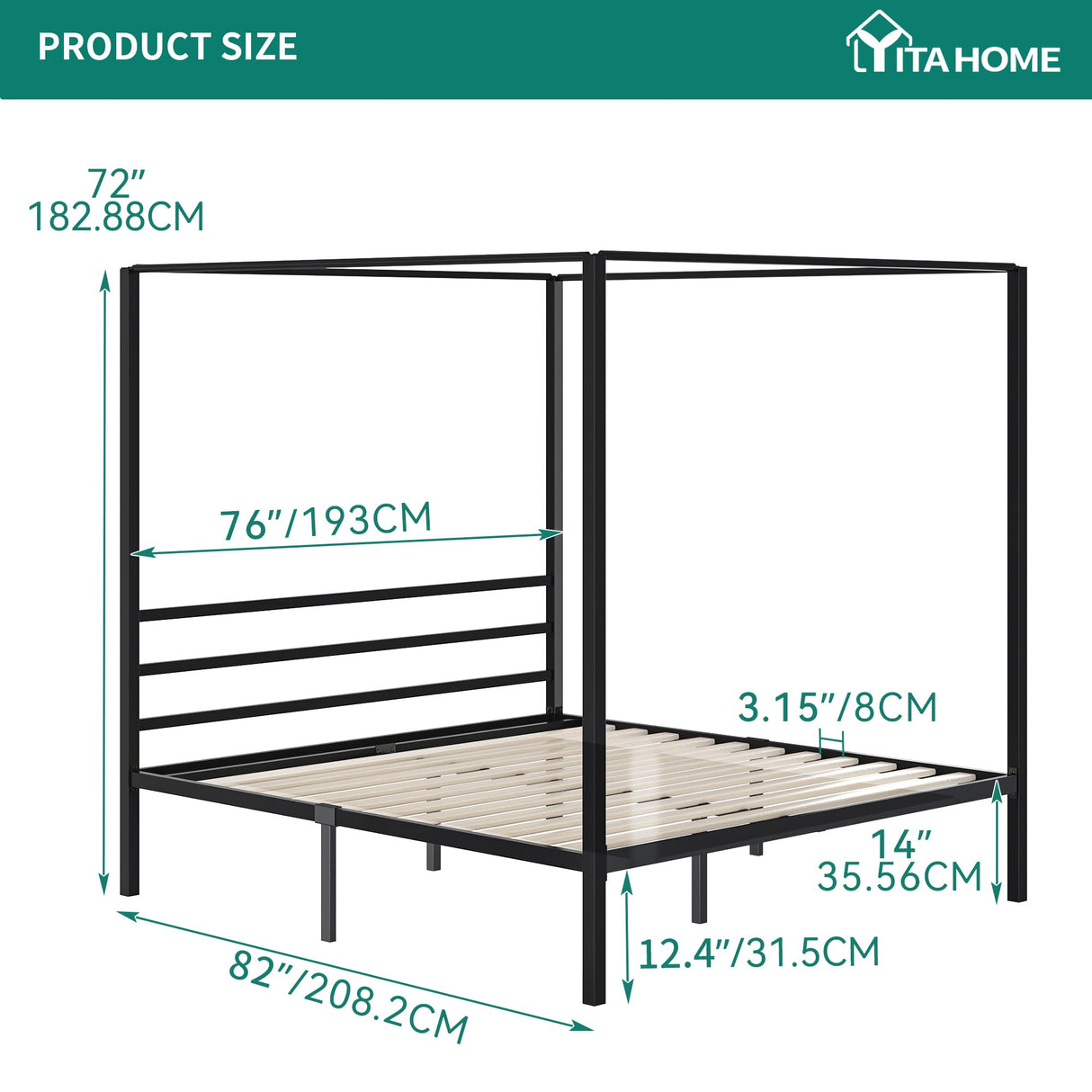 YITAHOME King Size Black Metal Canopy Bed Frame with Headboard and Wooden Slats YITAHOME