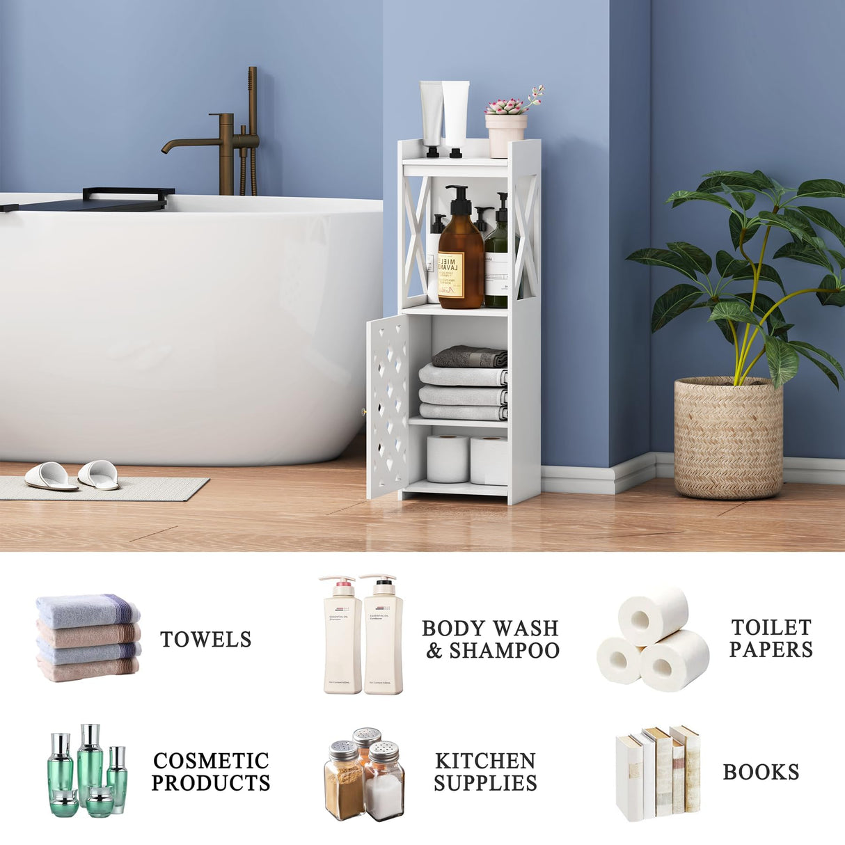 BYFU Versatile White Bathroom Storage Cabinet with Door and Open Shelf for Space-Saving Organisation BYFU
