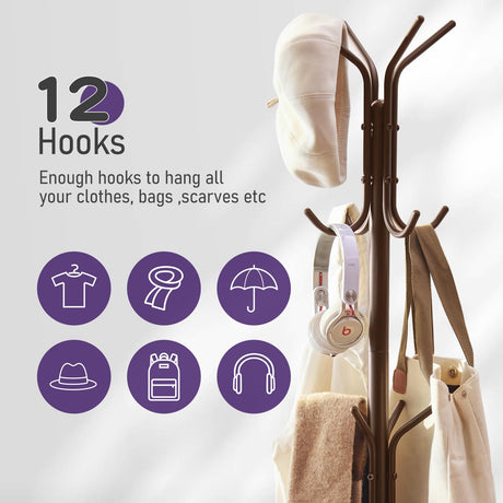 Wieghda Coat Rack Freestanding,Entryway Hanger Stand,Umbrella Holder,Hall Tree With 12 Hooks, Floor Standing Metal Tree Stand,brown Wieghda