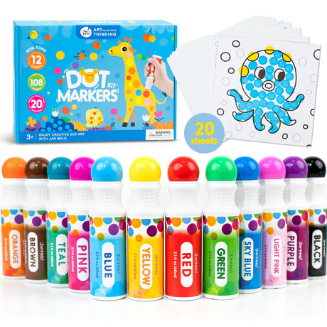 Jar Melo Washable Dot Markers for Toddlers 1-3, 12 Colors Dot Paints with 108 PDF & 20 Physical Activity Papers, Non-Toxic Bingo Daubers for Toddlers 2-4, Kids Arts and Crafts Supplies Jar Melo