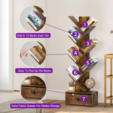 OUTONLIFE Tree Bookshelf with Drawer, 6 Tier Book Shelves, Narrow Floor Standing Bookcase, Corner Book Storage Rack for CDs/Movies/Books, Wood Bookshelves for Living Room, Home Office, Bedroom OUTONLIFE