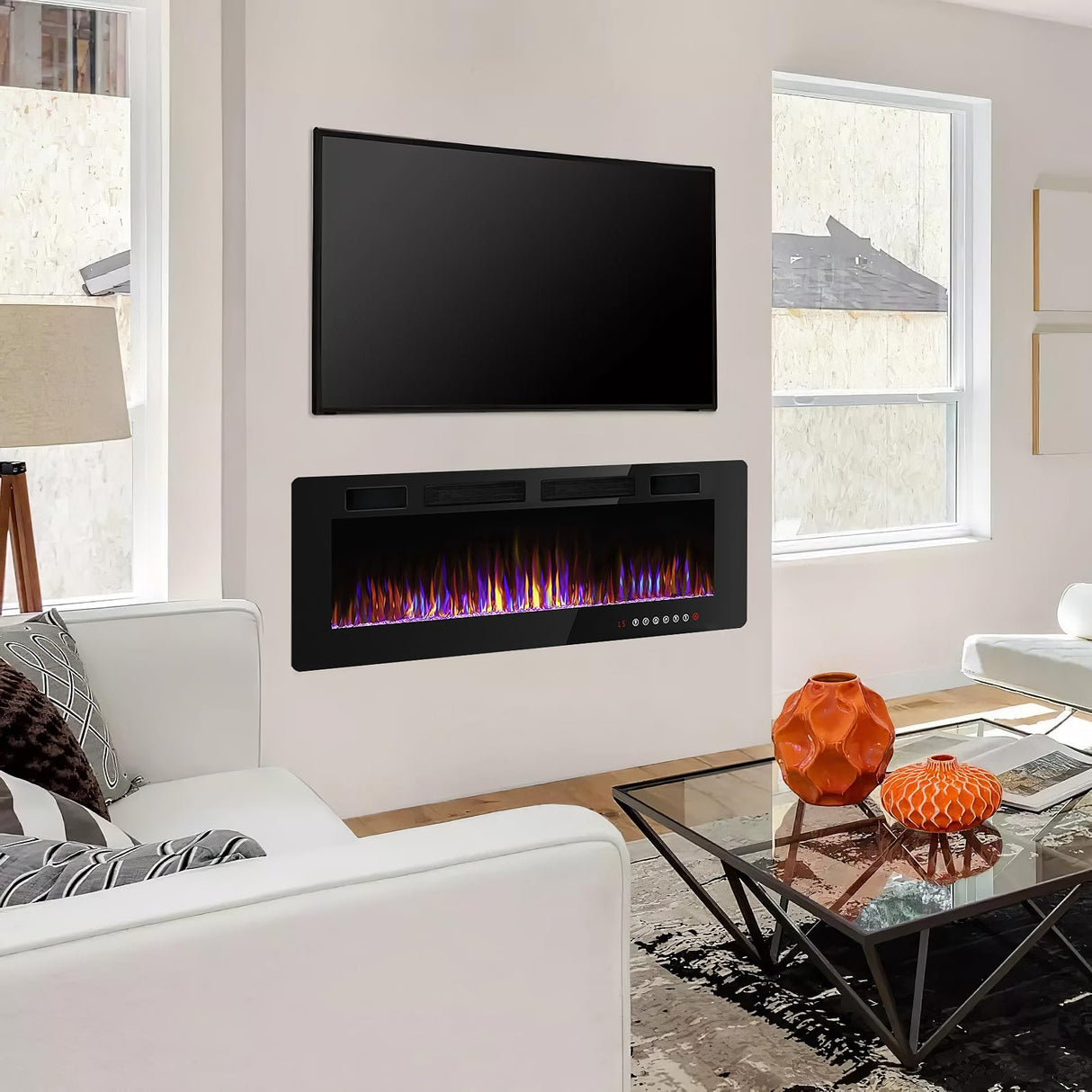 BOSSIN 72 inch Ultra-Thin Silence Linear Electric Fireplace, Recessed Wall Mounted Fireplace,750w/1500w, 12 Adjustable Flame Color & Speed,with Timer/Touch Screen Remote BOSSIN