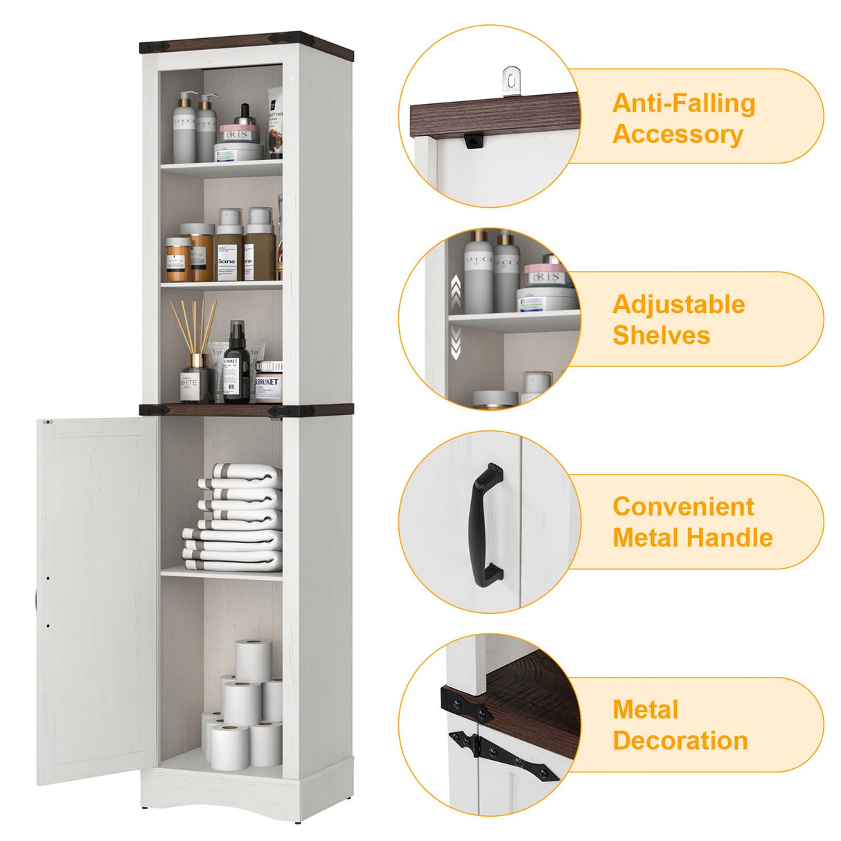 Hlivelood 68" Tall Farmhouse Bathroom Storage Cabinet, 5-Shelf Storage Cabinet with Barn Door&Adjustable Shelves, Linen Tower Cabinet with Storage for Bathroom, Kitchen, Living Room, Rustic White Hlivelood